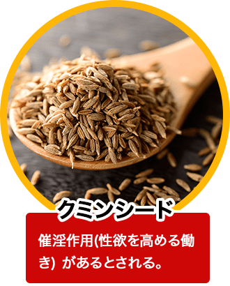 クミンシード 催淫作用(性欲を高める働き) があるとされる。